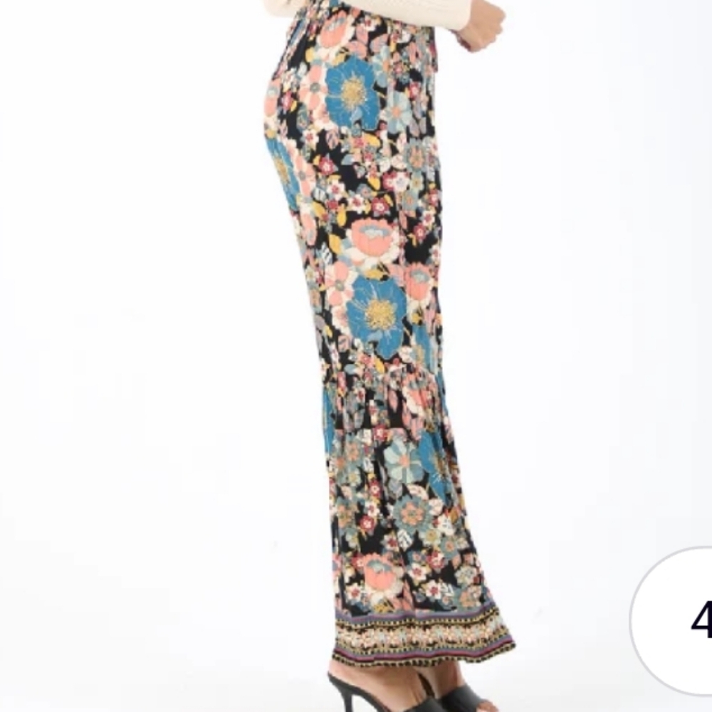 Angie Floral Wide-Leg Beach Flowy Pants Size Large Black Floral Peach Blue Multi - Picture 2 of 16